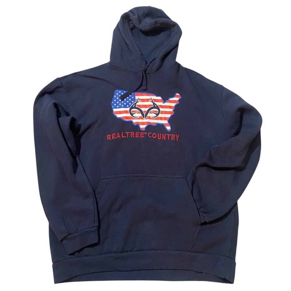 Realtree Country Men's American Flag Sweatshirt Sz Large Blue Hoodie Sweater